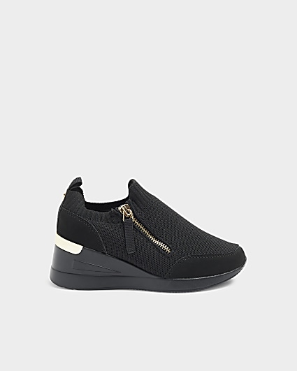 Girls black knit wedge trainers