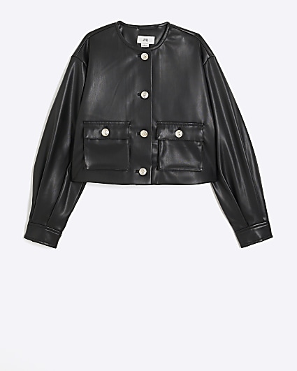 Girls black collarless boxy jacket