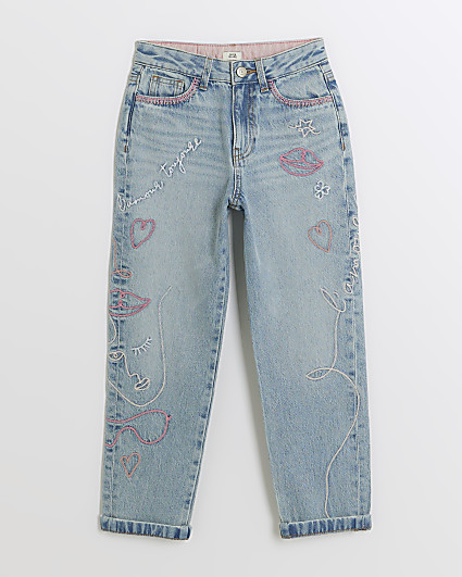 Girls blue embroidered mom jeans