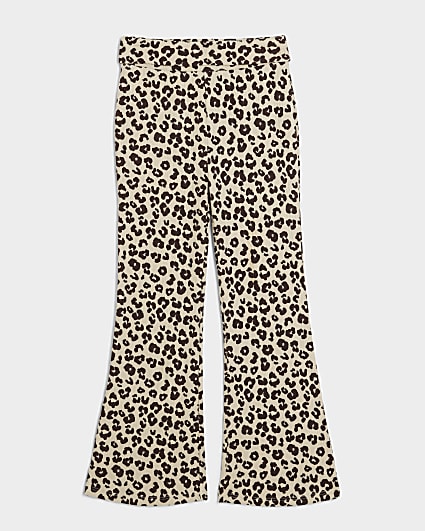 Girls beige leopard print flare trousers
