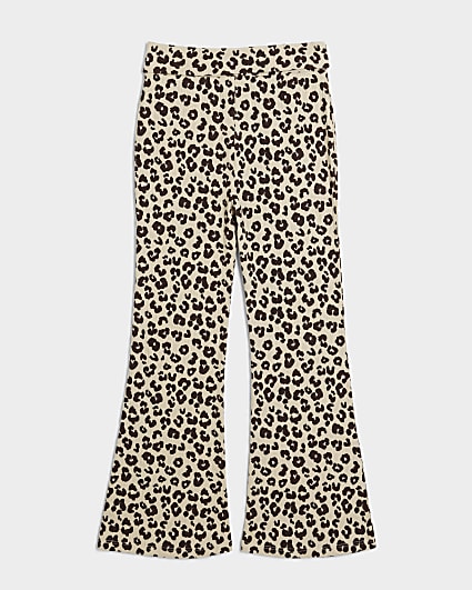 Girls beige leopard print flare trousers