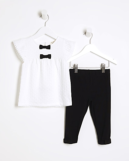 Mini girls white bow blouse and leggings set