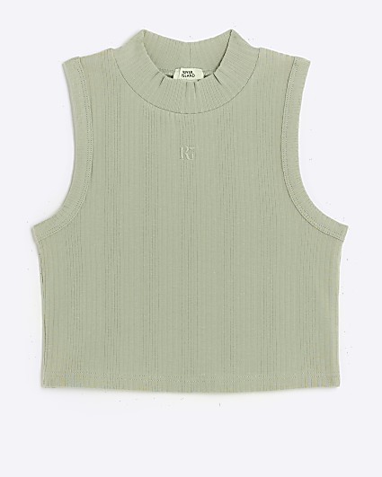 Girls green ribbed high neck tank top