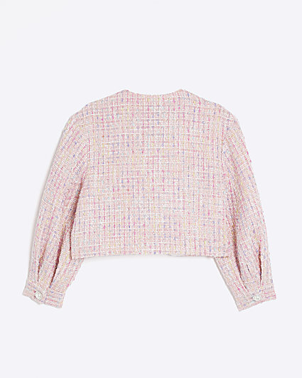 Girls pink boucle pearl jacket
