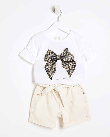 Mini girls white leopard print bow t-shirt
