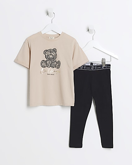 Mini girls beige bear graphic t-shirt set