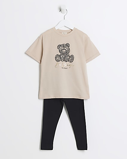 Mini girls beige bear graphic t-shirt set