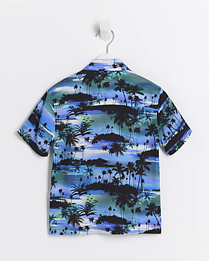 Mini boys blue palm print shirt