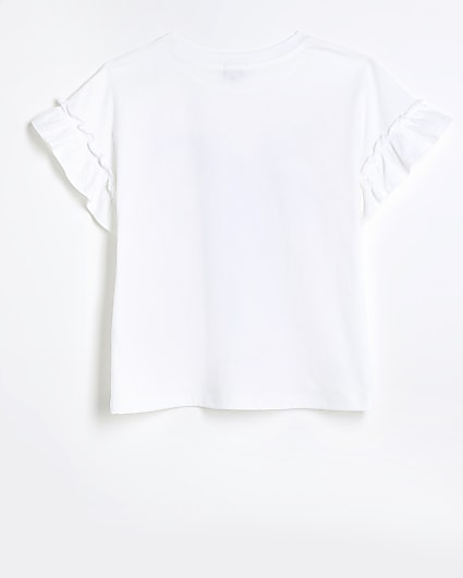 Girls White Bow Embellished Frill T-Shirt