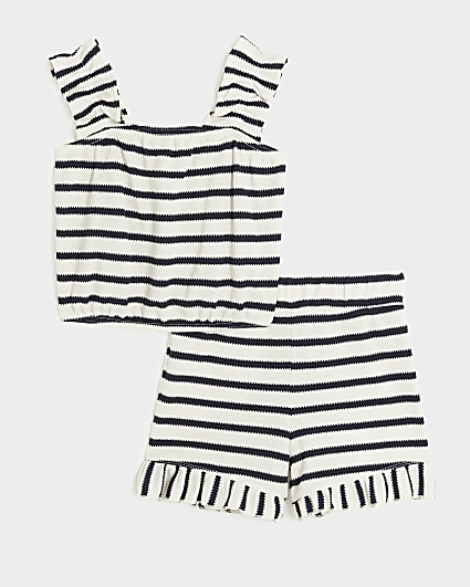 Girls cream stripe frill vest top set
