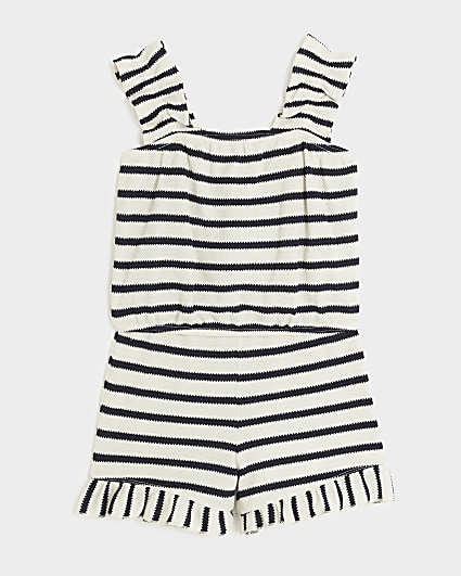 Girls cream stripe frill vest top set