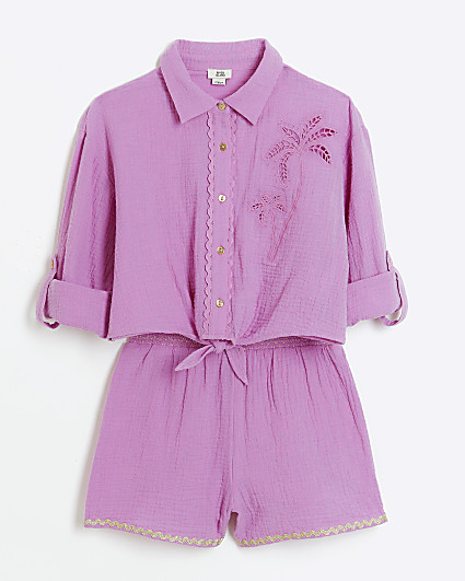 Girls purple palm embroidery shirt set