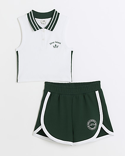 Girls white sports polo top and shorts set