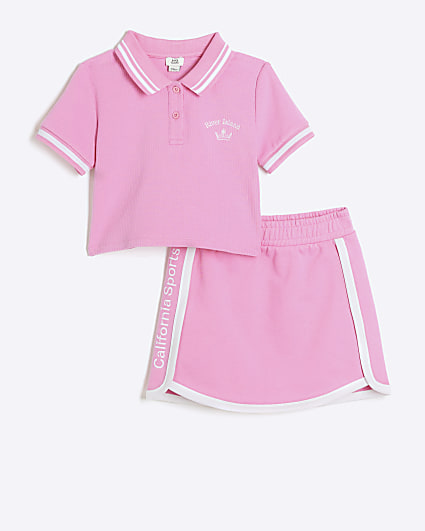 Girls pink sports polo t-shirt and skirt set