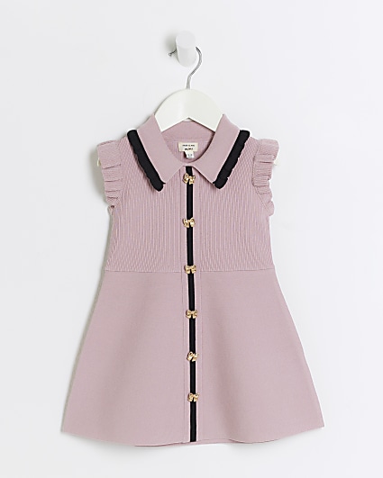 Mini girls pink knit bow button dress