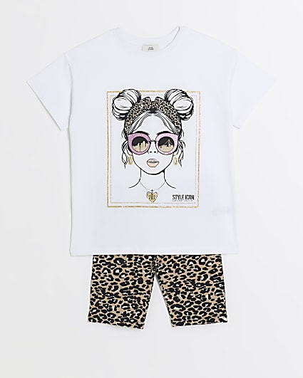 Girls beige leopard print t-shirt and shorts