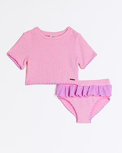 Mini girls pink textured t-shirt bikini set