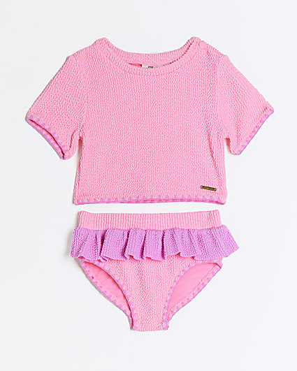 Mini girls pink textured t-shirt bikini set
