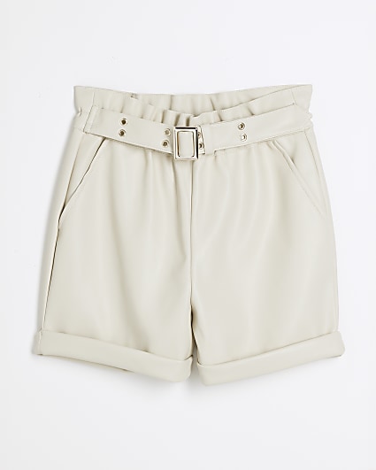 Girls cream faux leather shorts