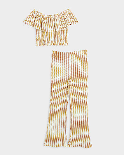 Girls beige knit stripe bardot top set
