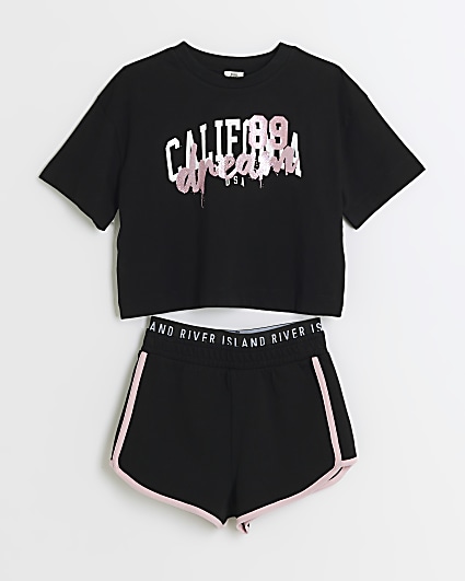 Girls black graphic t-shirt and shorts set