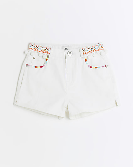 Girls white embroidered denim shorts