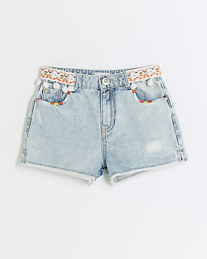 Girls blue embroidered denim shorts