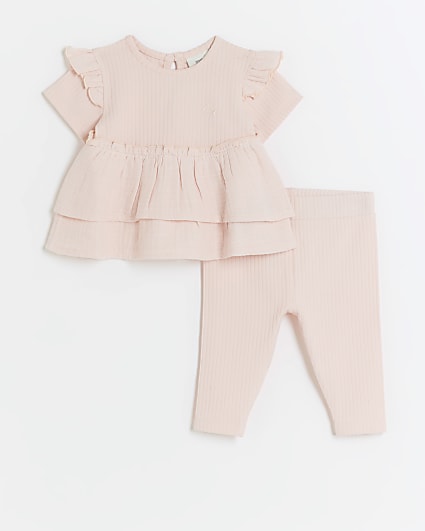 Baby girls pink ribbed peplum top set