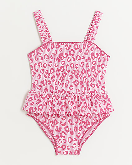 Mini girls pink leopard print frill swimsuit