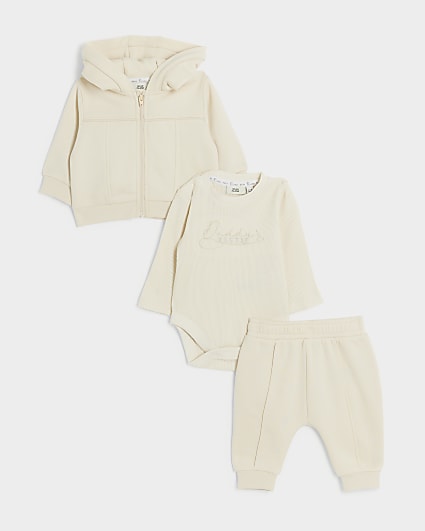 Baby boys beige zip up hoodie 3 piece set