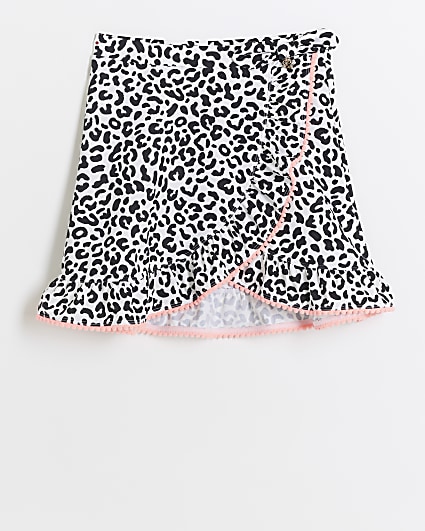 Girls beige leopard print frill swim skirt