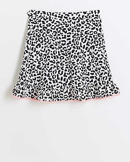 Girls beige leopard print frill swim skirt