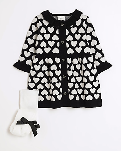 Baby girls black knit heart dress set