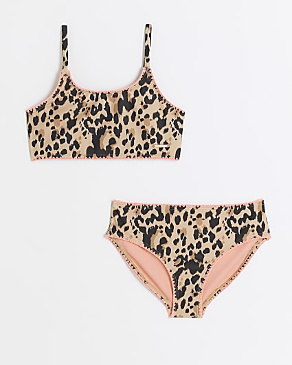 Girls beige leopard print bikini set