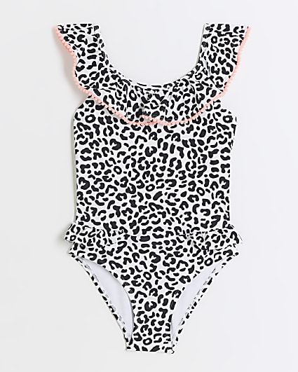 Girls beige leopard print frill swimsuit