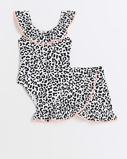 Mini girls beige leopard print swimsuit set