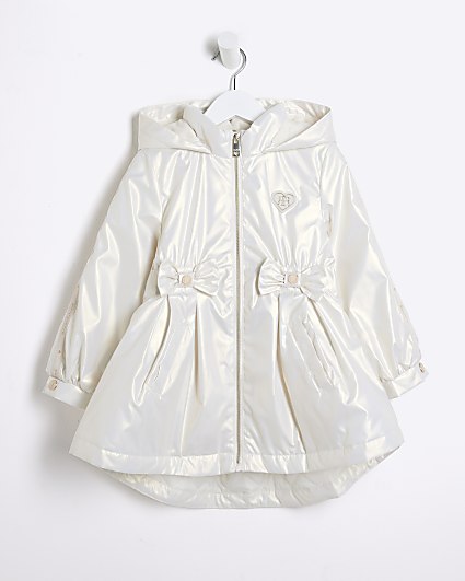 Mini girls cream bow hooded rain coat