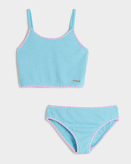 Girls blue Textured Tankini Bikini Set