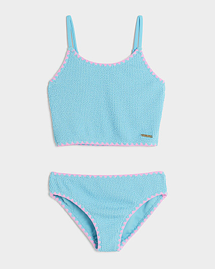 Girls blue Textured Tankini Bikini Set