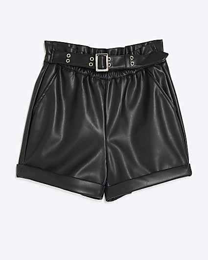 Girls black faux leather belted shorts
