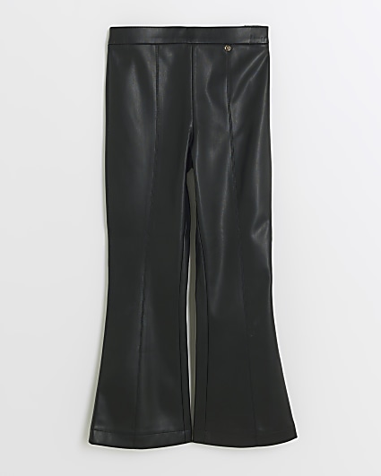 Girls black faux leather flared trousers