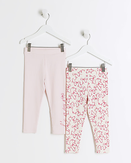 Mini girls pink ribbed bow leggings 2 pack