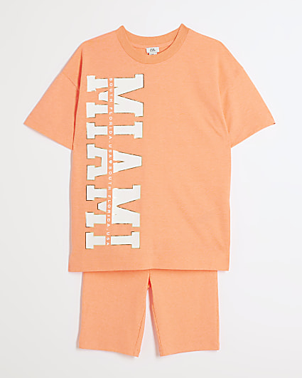 Girls Coral Graphic T-Shirt and Shorts Set