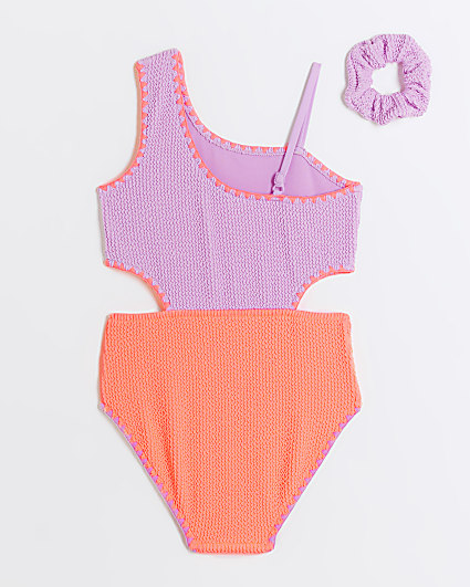 Girls purple textured swimsuit and scrunchie