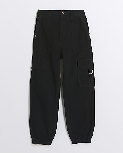 Girls black herringbone cargo trousers