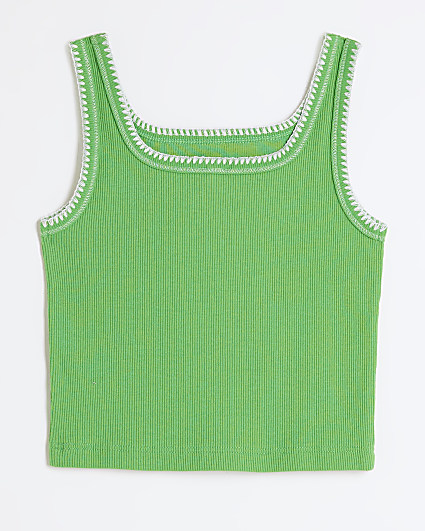 Girls green embroidered stitched tank top