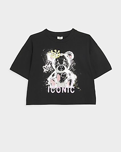 Girls black graffiti bear print t-shirt