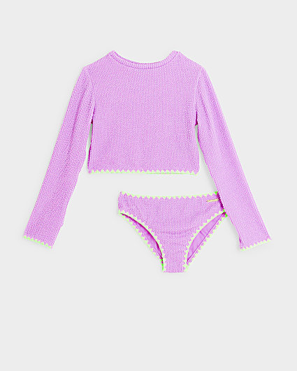 Girls purple textured long sleeve bikini set