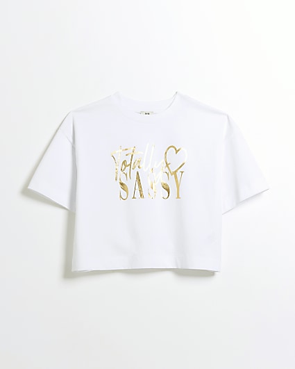 Girls white graphic print crop t-shirt