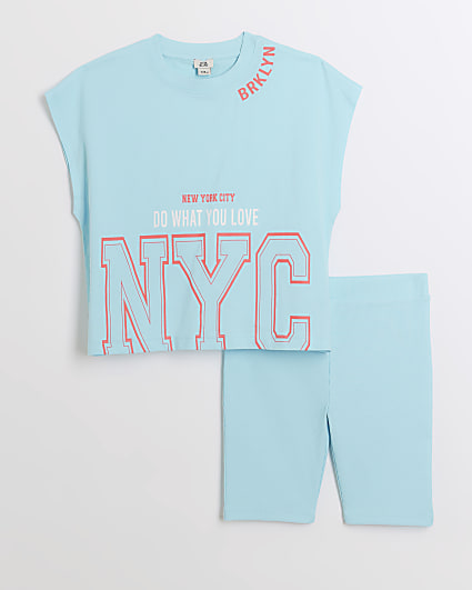 Girls blue t-shirt and cyclist shorts set